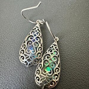 Sterling Silver 925 Abalone Shell Filigree Tear Shape Drop Dangle Earrings